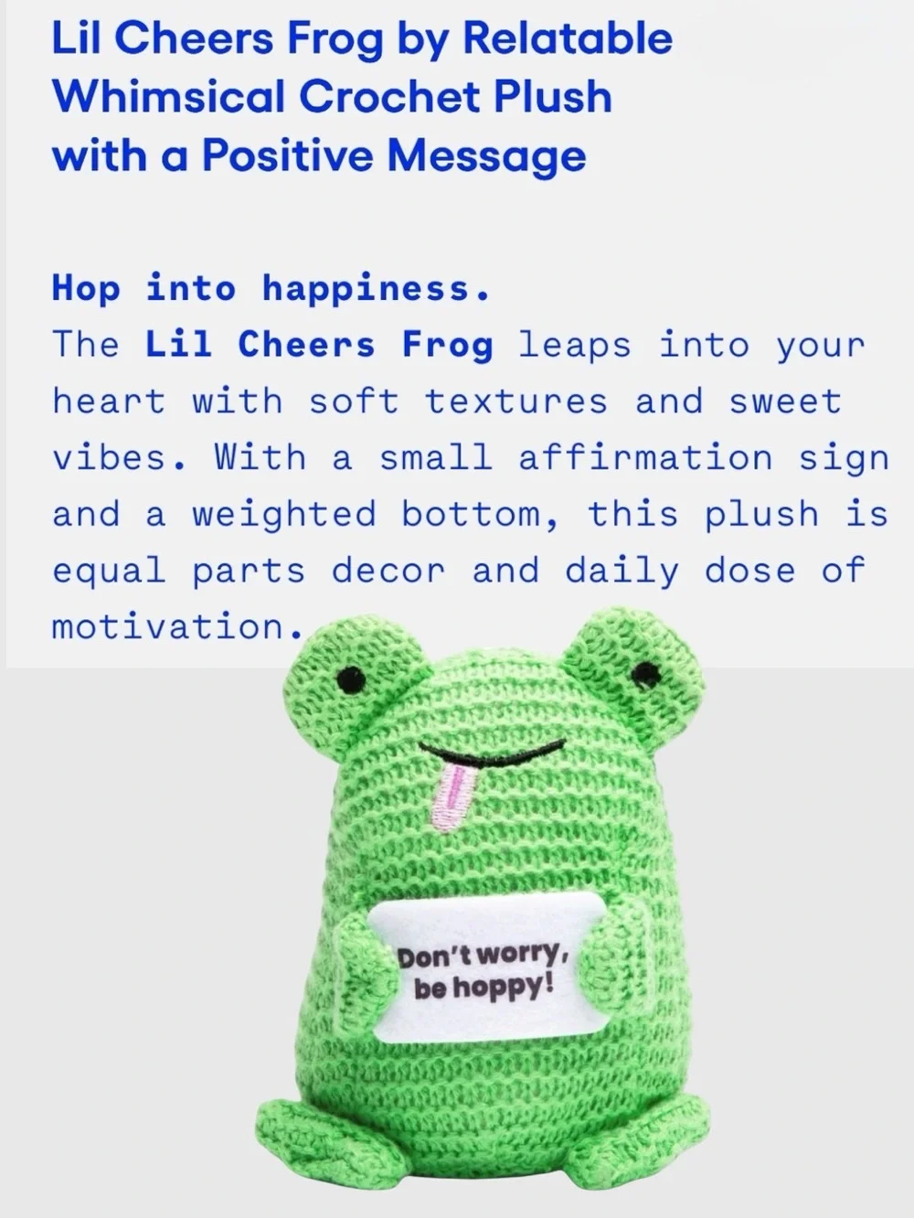 Green Crochet Frog Plush - 'Don't Worry, Be Hoppy!'